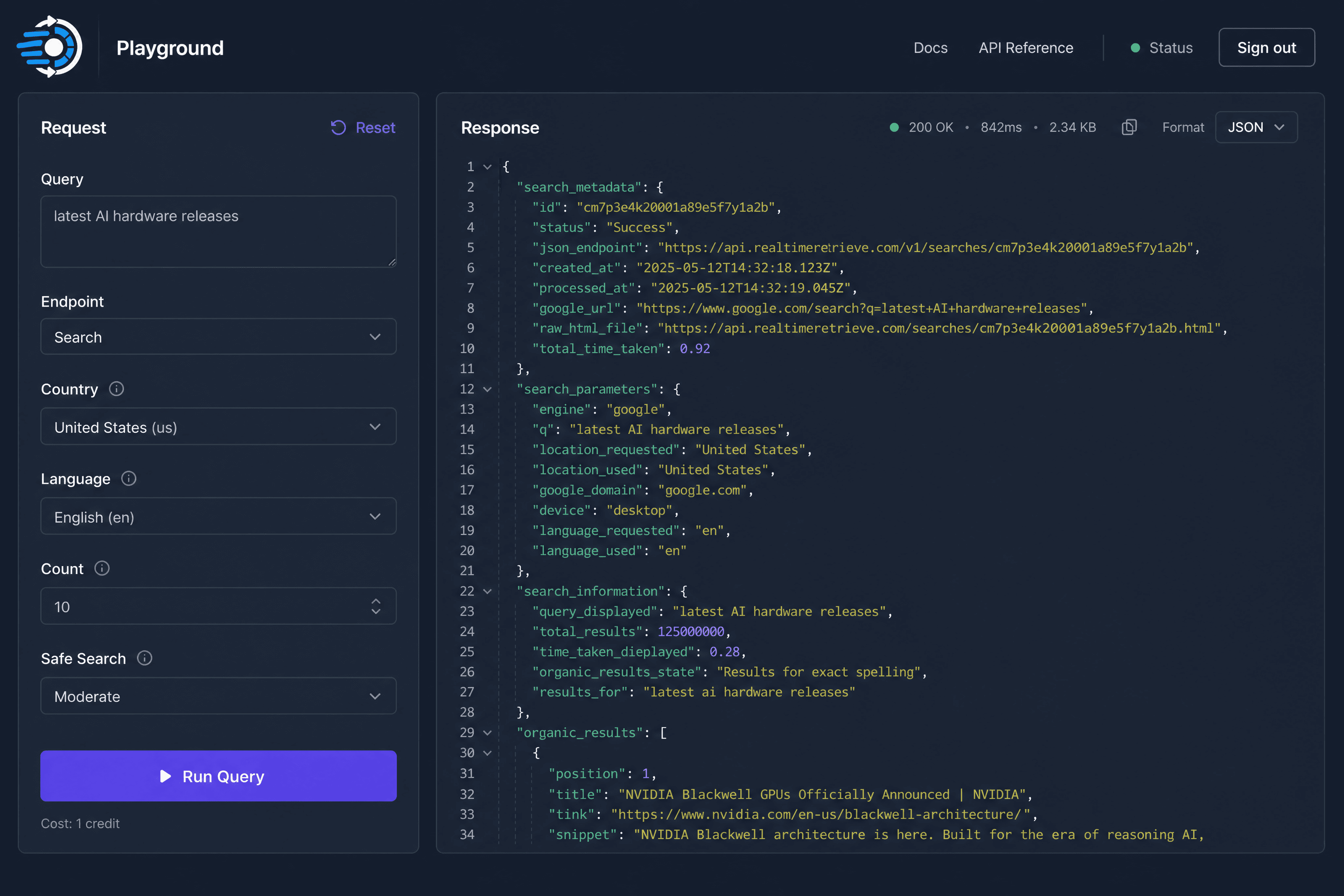 The API Playground in RealtimeRetrieve, where developers can test queries and see live structured JSON results.